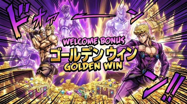 Bônus de Boas-Vindas win23 - Tesouro dourado com personagens épicos celebrando vitória